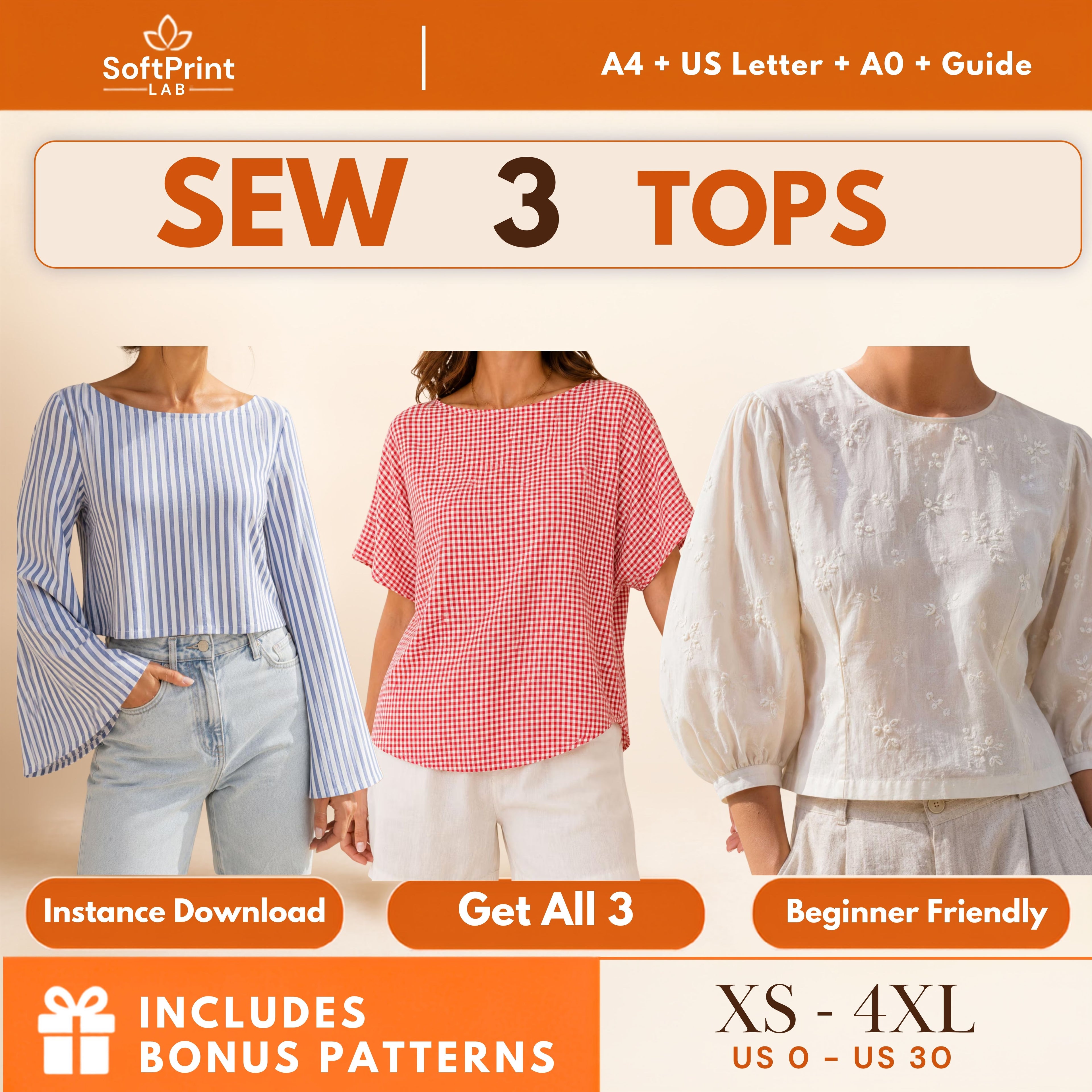 3 Everyday Top PDF Sewing Patterns Bundle | XS–4XL