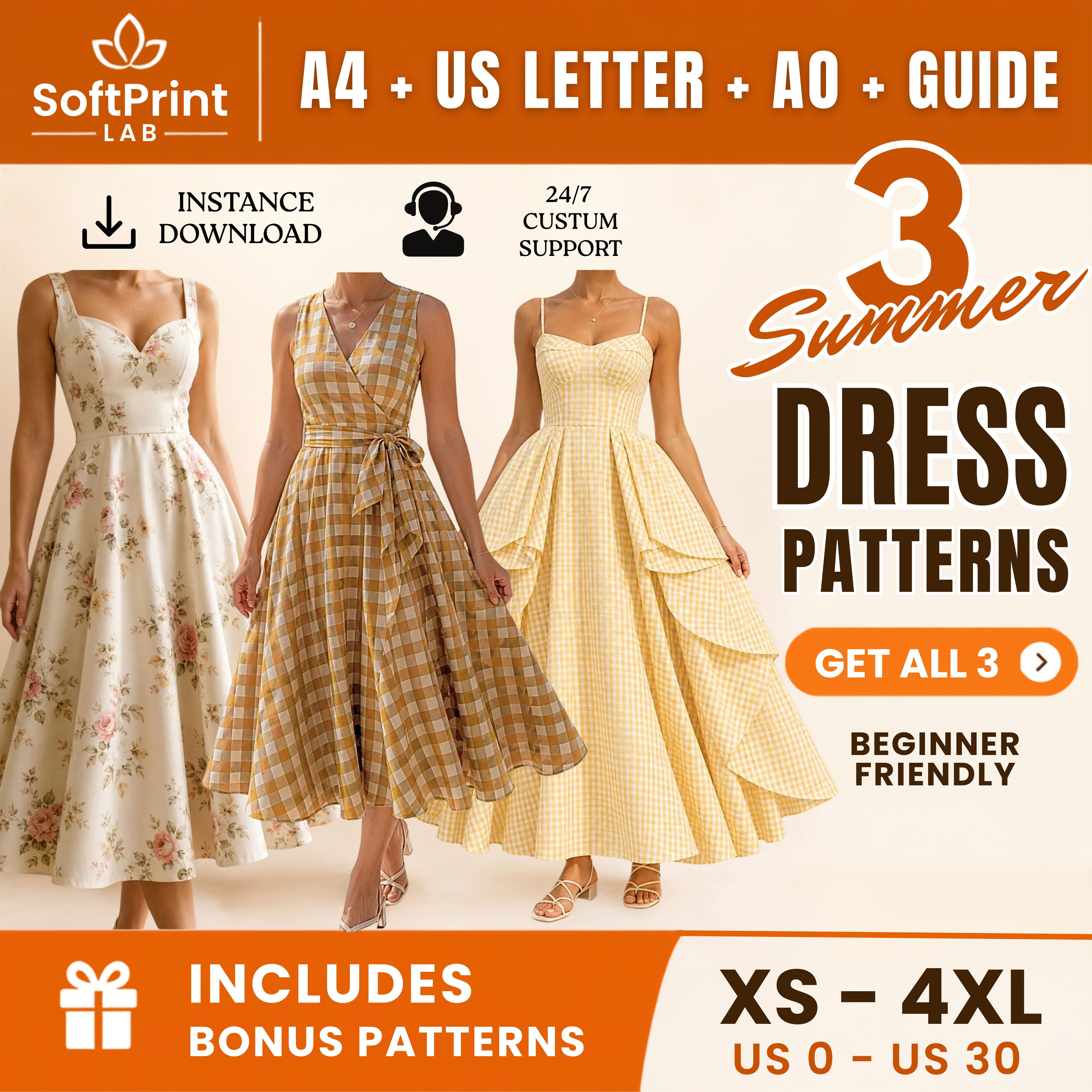 3 Summer Dress PDF Sewing Patterns Bundle | XS–4XL